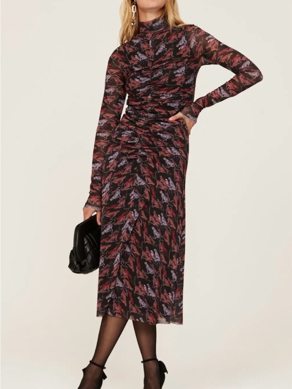 Mockneck Long-Sleeve Ruched Maxi Dress in Black with Red & Purple Print